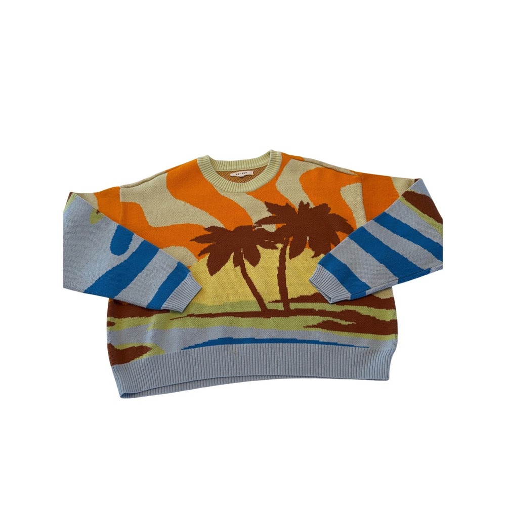 PacSun Womens Palm Tree Sunset Intarsia Knit Sweater Blue Orange Small